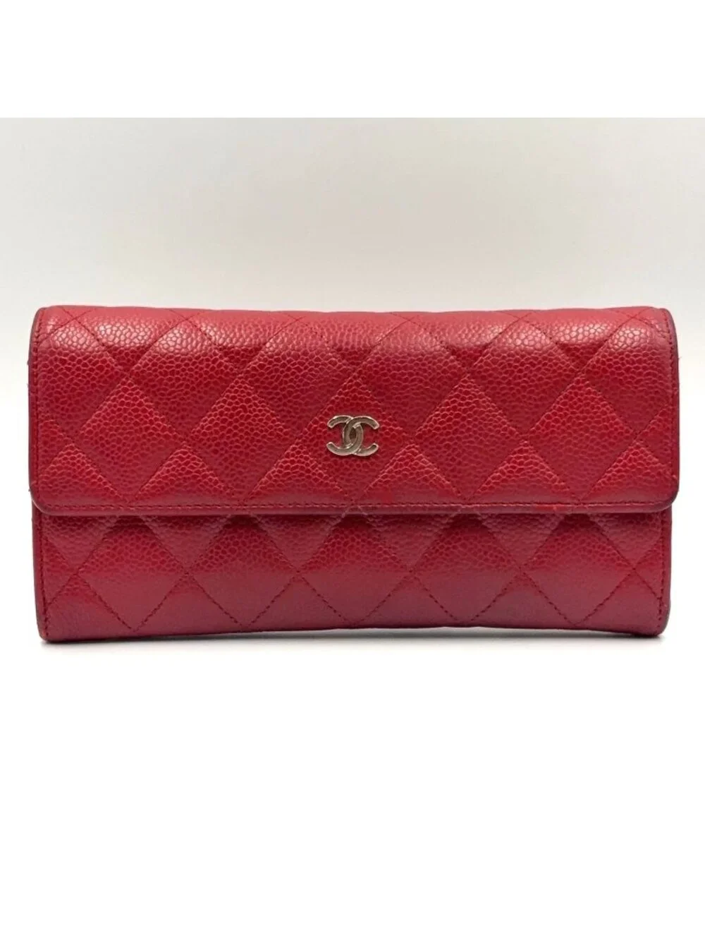 Chanel Quilted Caviar Leather Red Wallet Silver